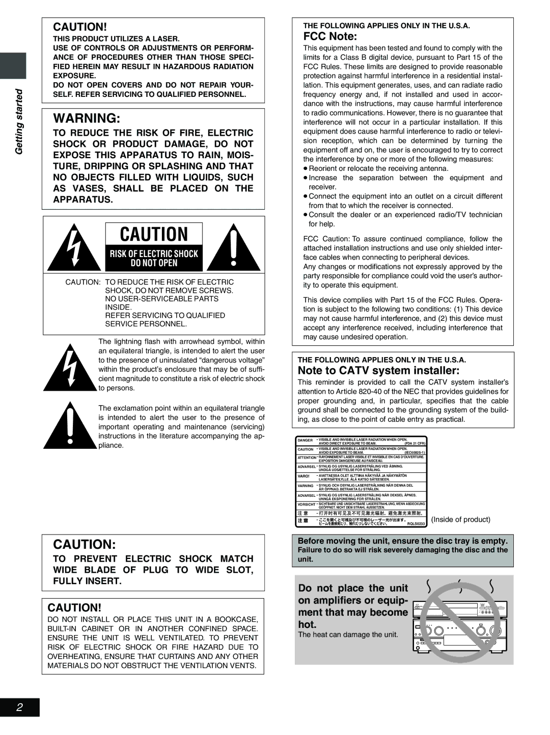 Hitachi DV-RX5000U manual FCC Note, Getting, Before moving the unit, ensure the disc tray is empty 