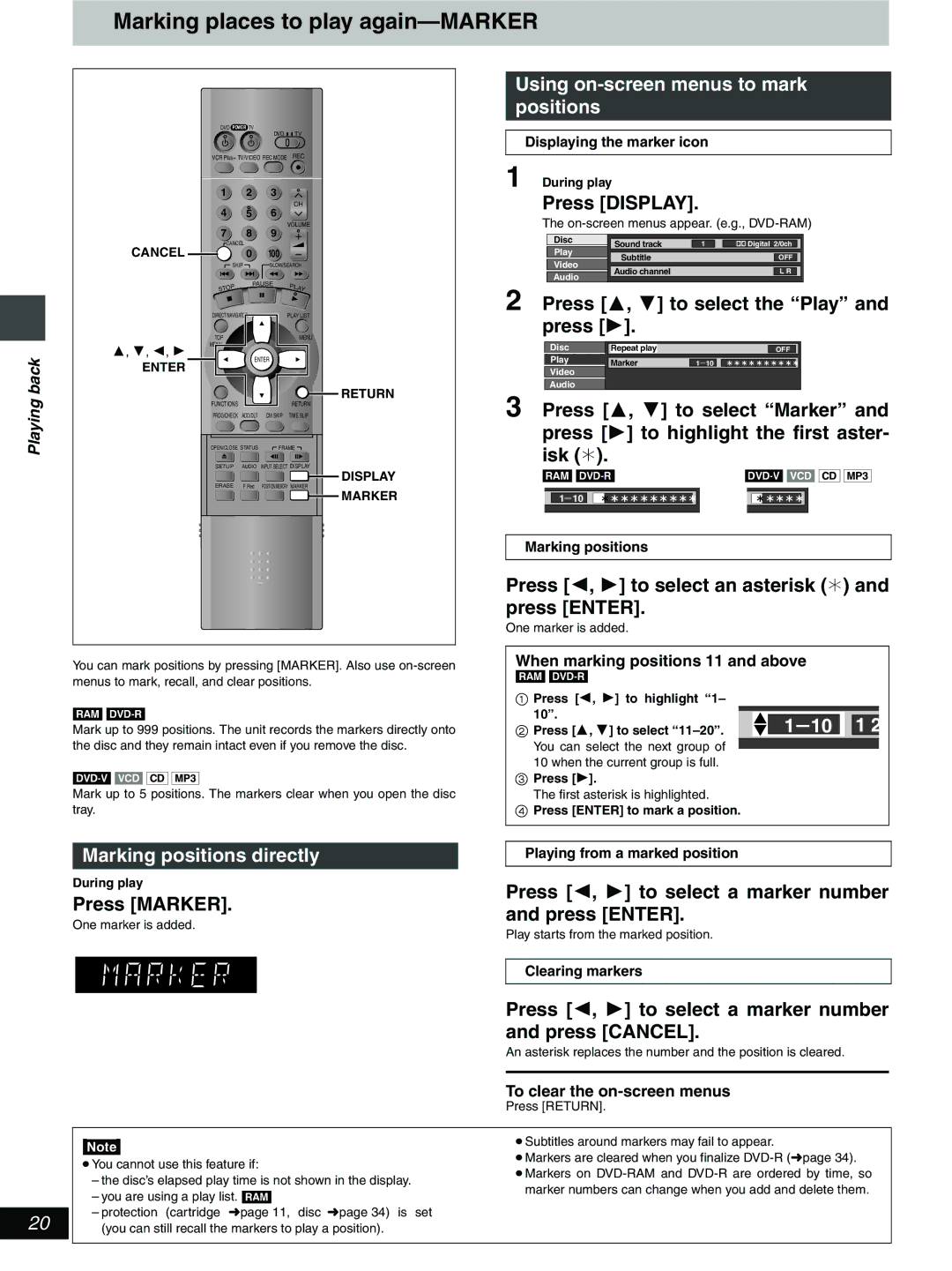 Hitachi DV-RX5000U manual Marking places to play again-MARKER, Using on-screen menus to mark positions, 1s10 1 