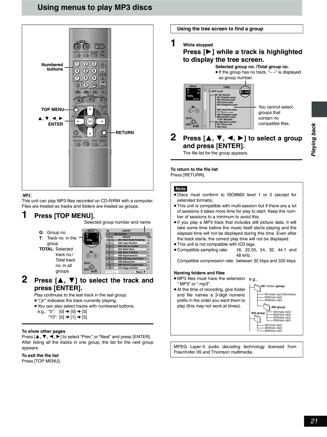 Hitachi DV-RX5000U manual Using menus to play MP3 discs, Press TOP Menu, Press 3, 4, 2, 1 to select a group and press Enter 