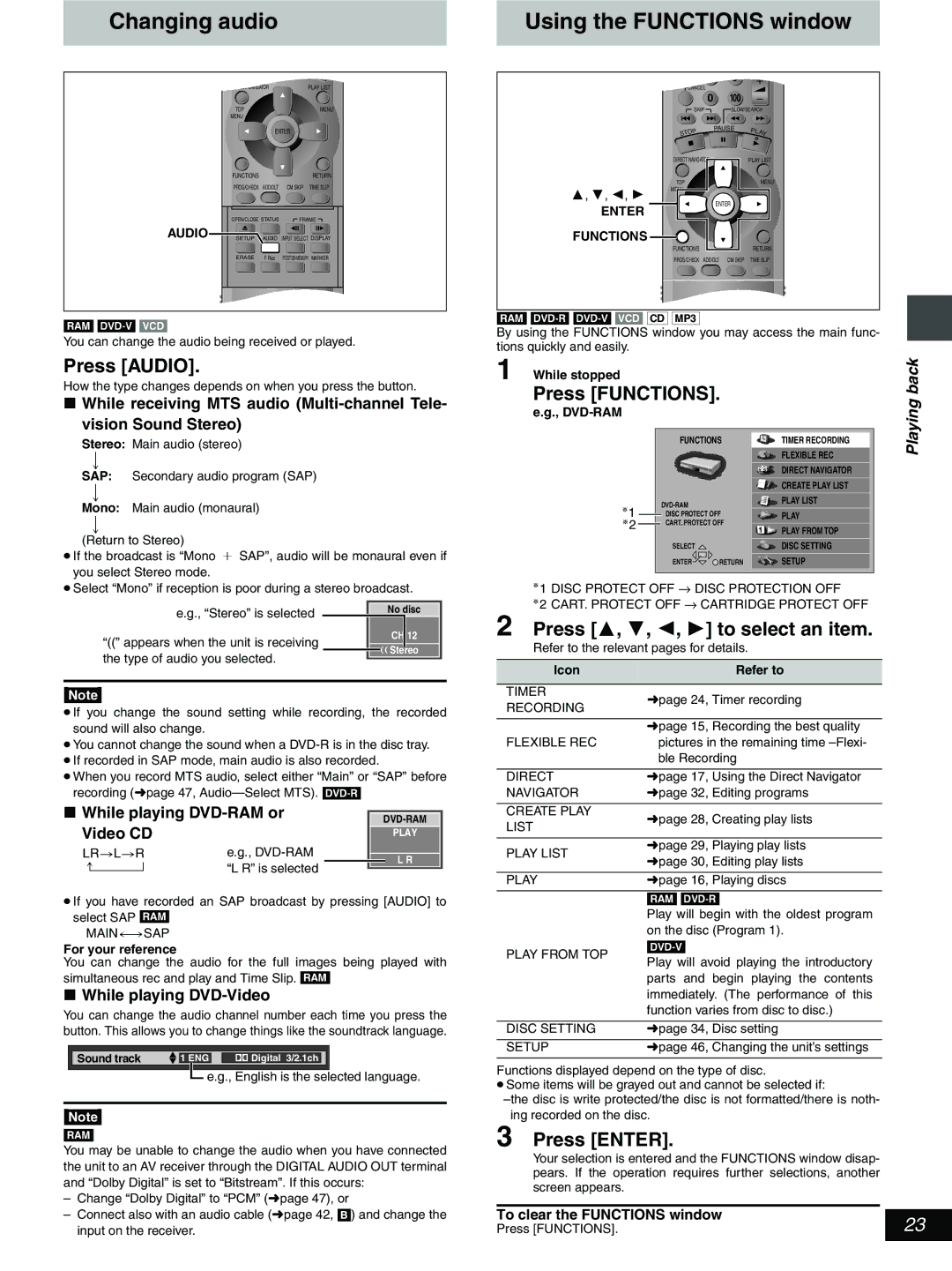 Hitachi DV-RX5000U manual Changing audio, Using the Functions window, Press Audio, Press 3, 4, 2, 1 to select an item 