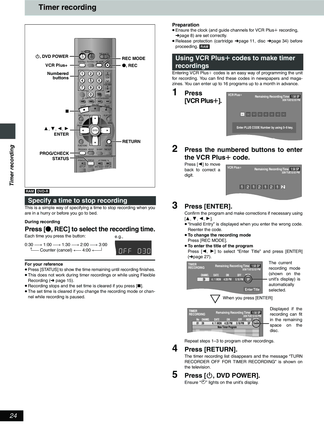 Hitachi DV-RX5000U manual Timer recording, Specify a time to stop recording, Using VCR Plusr codes to make timer recordings 