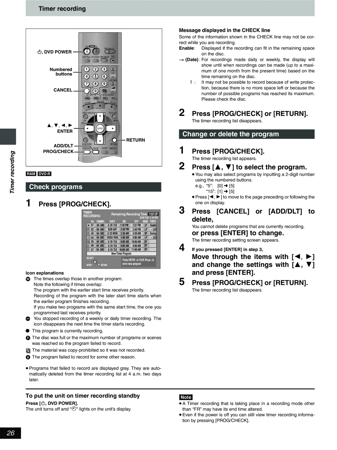 Hitachi DV-RX5000U manual Check programs, Change or delete the program, Press 3, 4 to select the program 