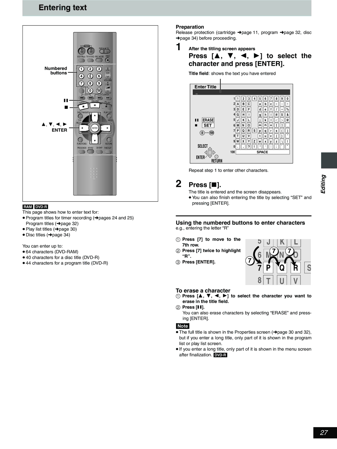 Hitachi DV-RX5000U manual Entering text, Press 3, 4, 2, 1 to select, Character and press Enter, Editing 