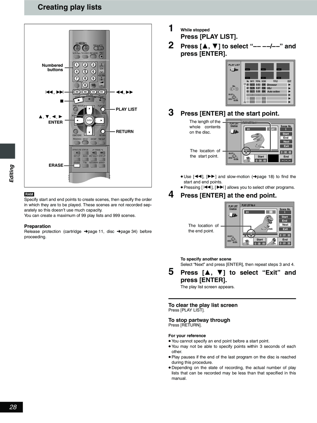 Hitachi DV-RX5000U manual Creating play lists, Press Enter at the start point, To clear the play list screen 