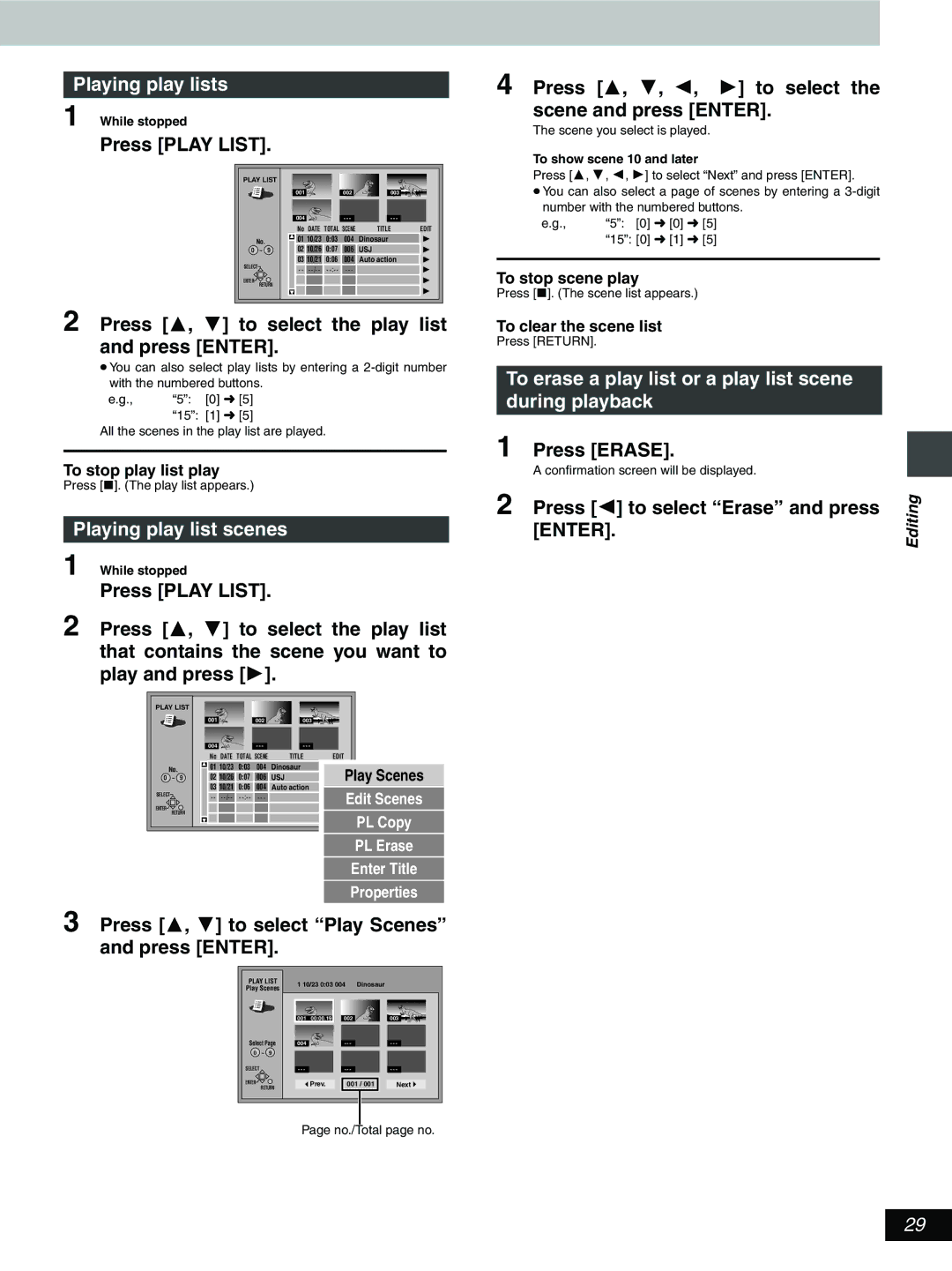 Hitachi DV-RX5000U manual Playing play lists, Press 3, 4 to select the play list and press Enter, Playing play list scenes 