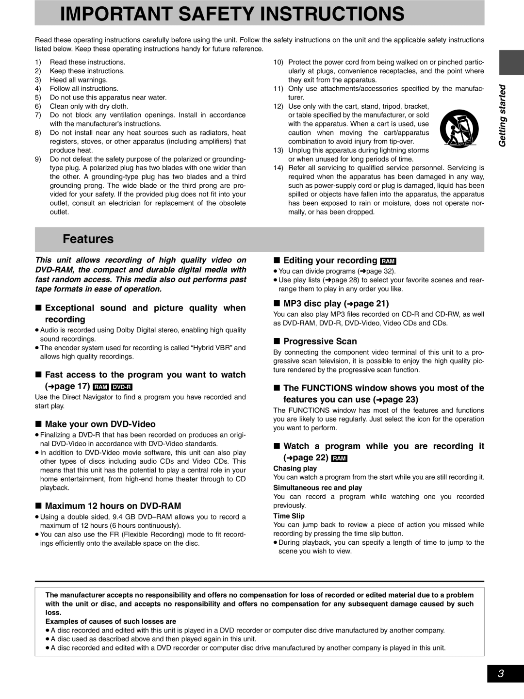 Hitachi DV-RX5000U manual Features, Getting started 