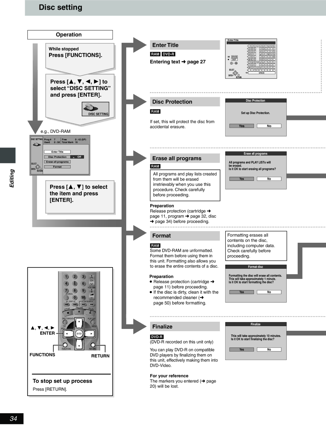 Hitachi DV-RX5000U manual Disc setting, Erase all programs, Format, Preparation, Press Return 