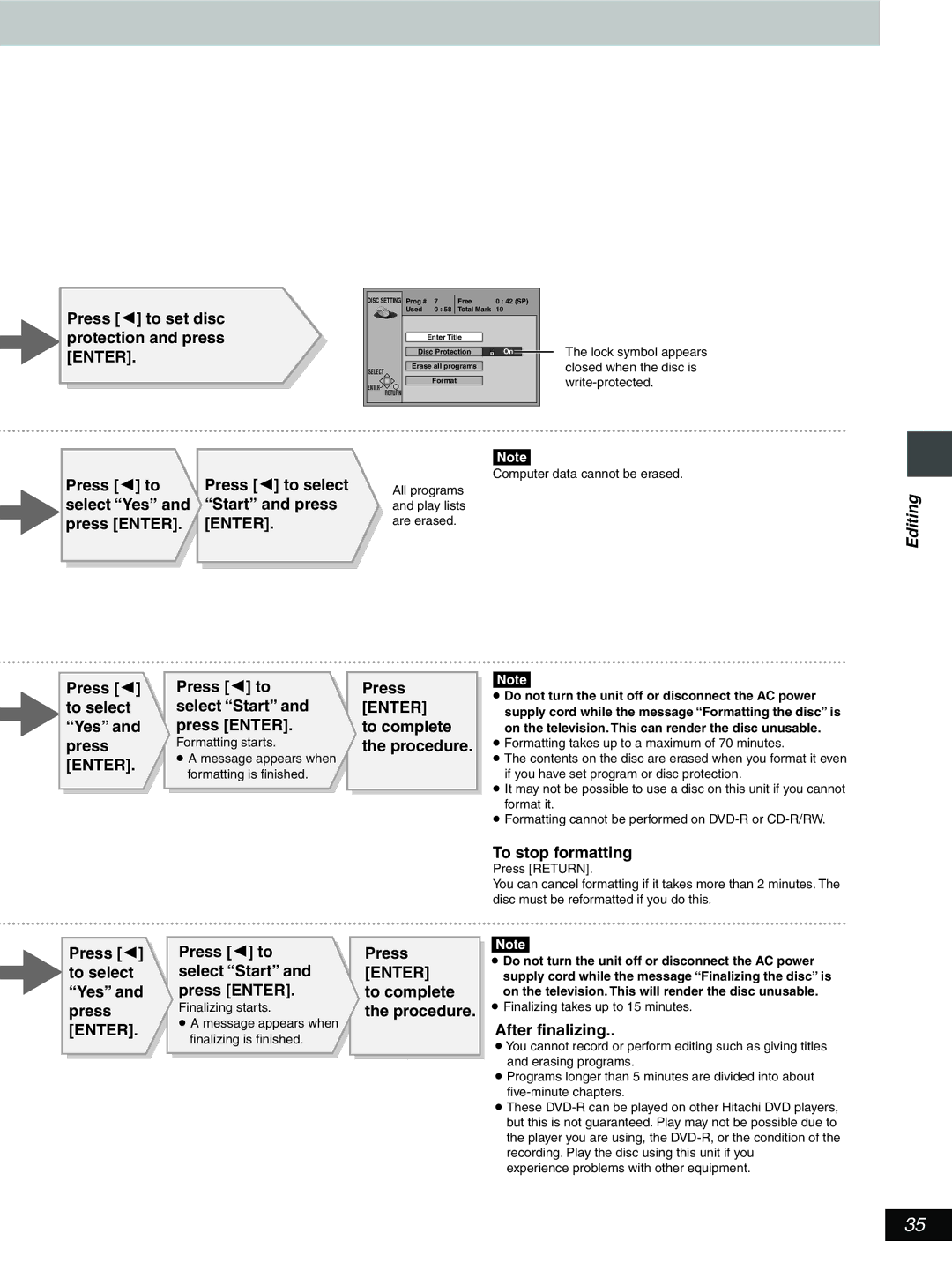 Hitachi DV-RX5000U manual Press 2 to set disc protection and press Enter, Press 2 to Press 2 to select, To stop formatting 