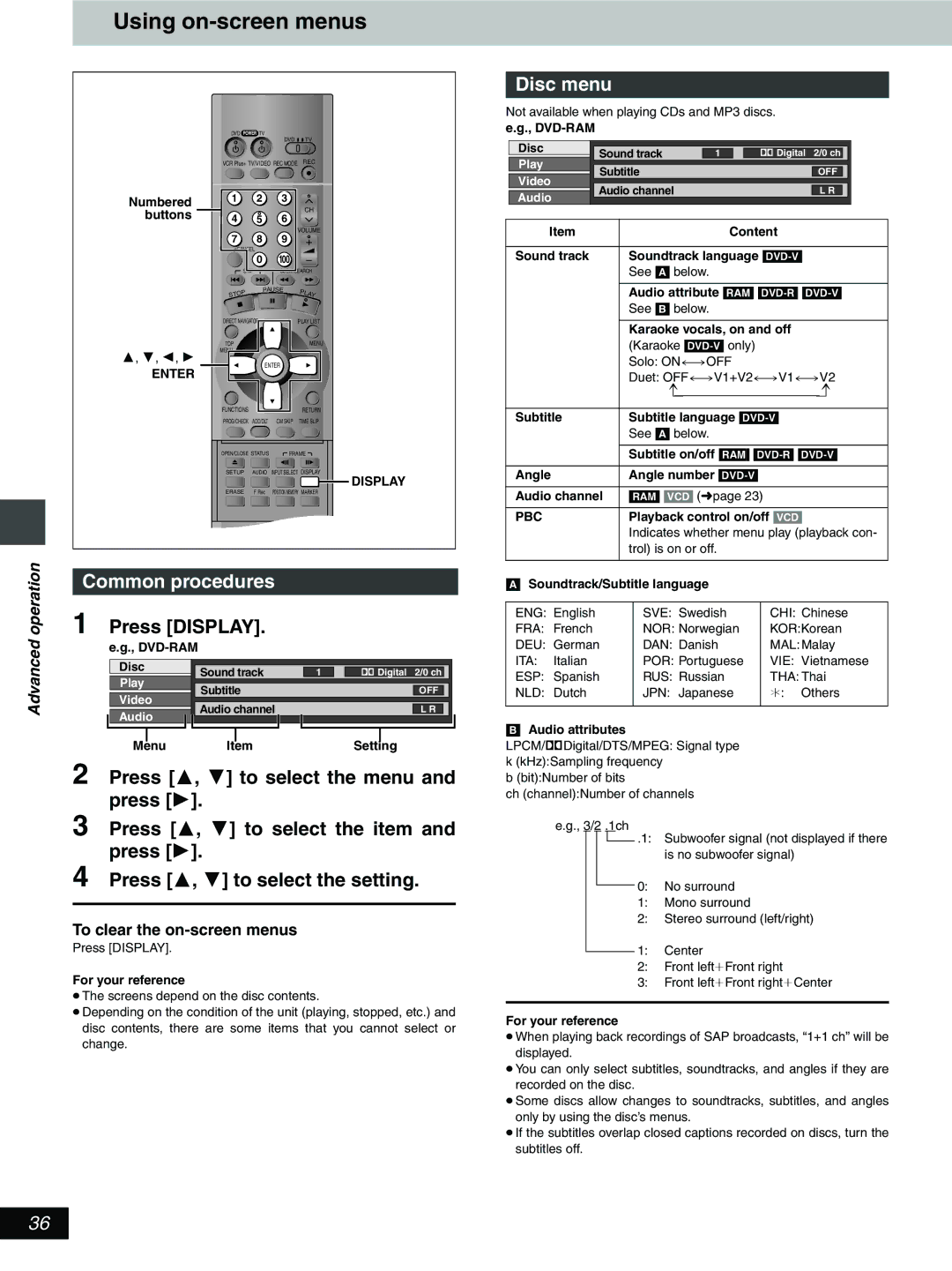 Hitachi DV-RX5000U manual Using on-screen menus, Common procedures, Disc menu, Advanced operation, Pbc 