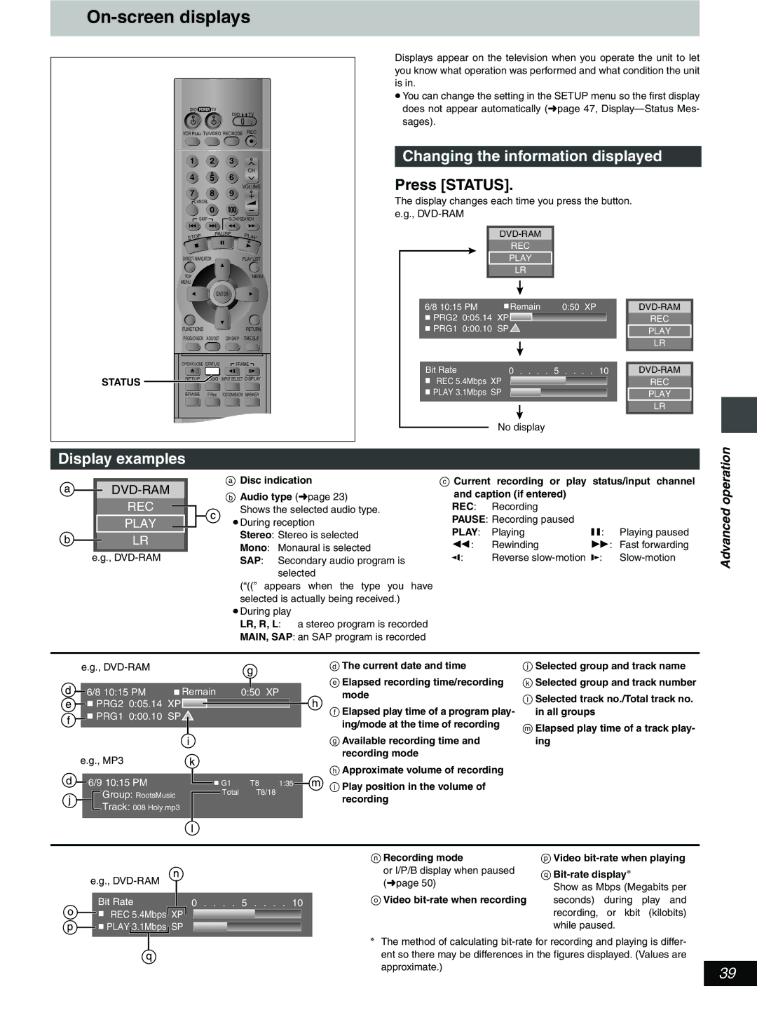 Hitachi DV-RX5000U manual On-screen displays, Changing the information displayed, Press Status, Display examples 