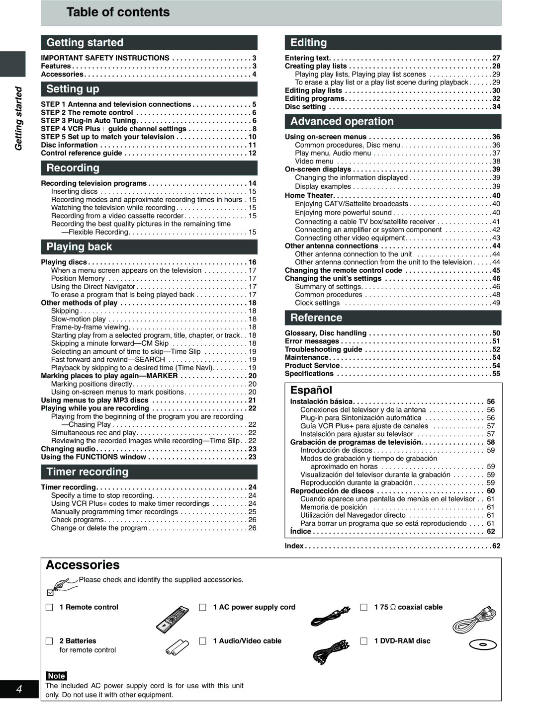 Hitachi DV-RX5000U manual Table of contents, Accessories 