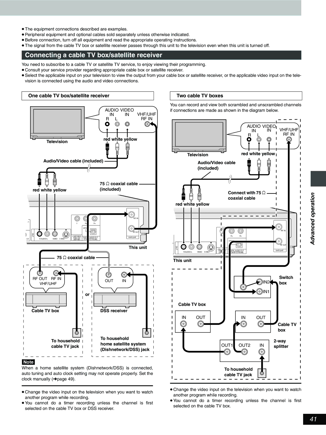 Hitachi DV-RX5000U Connecting a cable TV box/satellite receiver, Operation, Advanced, One cable TV box/satellite receiver 