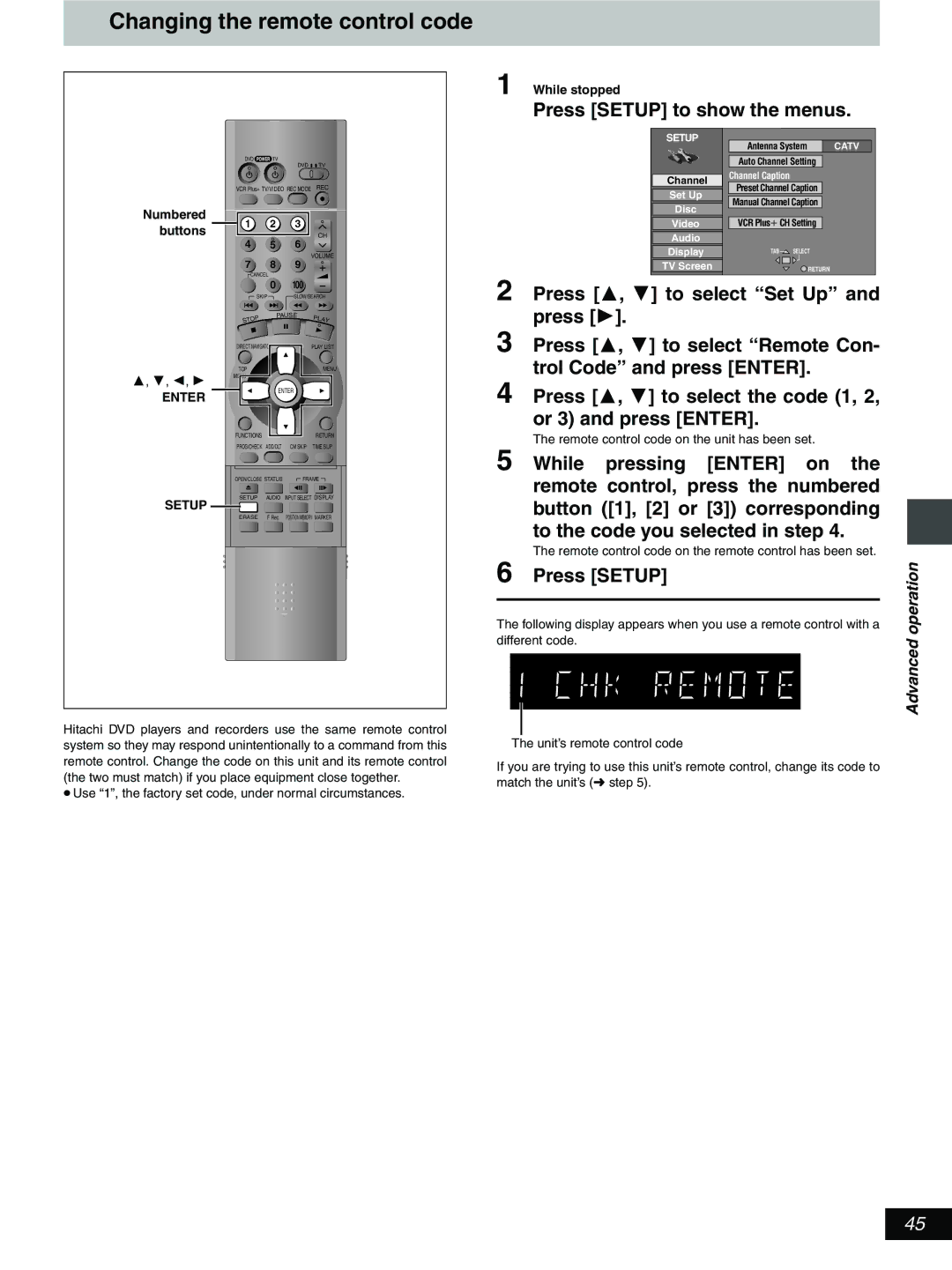 Hitachi DV-RX5000U manual Changing the remote control code, Press Setup, Remote control code on the unit has been set 