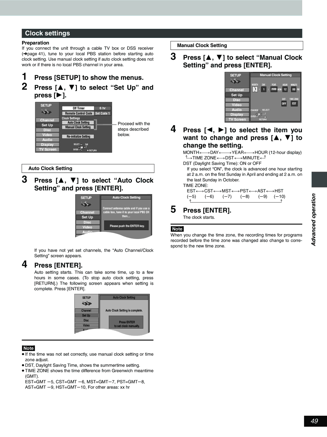 Hitachi DV-RX5000U manual Clock settings, Press 3, 4 to select Auto Clock Setting and press Enter, Manual Clock Setting 