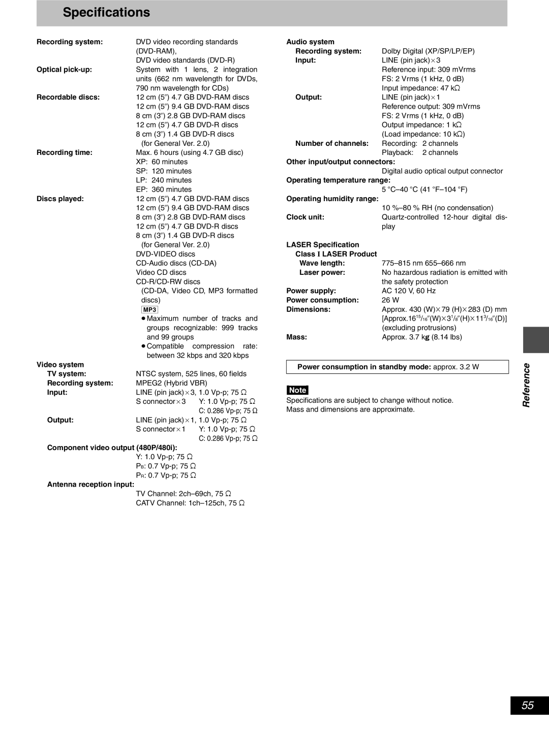 Hitachi DV-RX5000U manual Specifications 