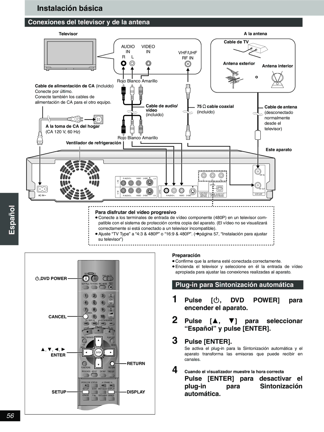 Hitachi DV-RX5000U Instalación básica, Conexiones del televisor y de la antena, Plug-in para Sintonización automática 