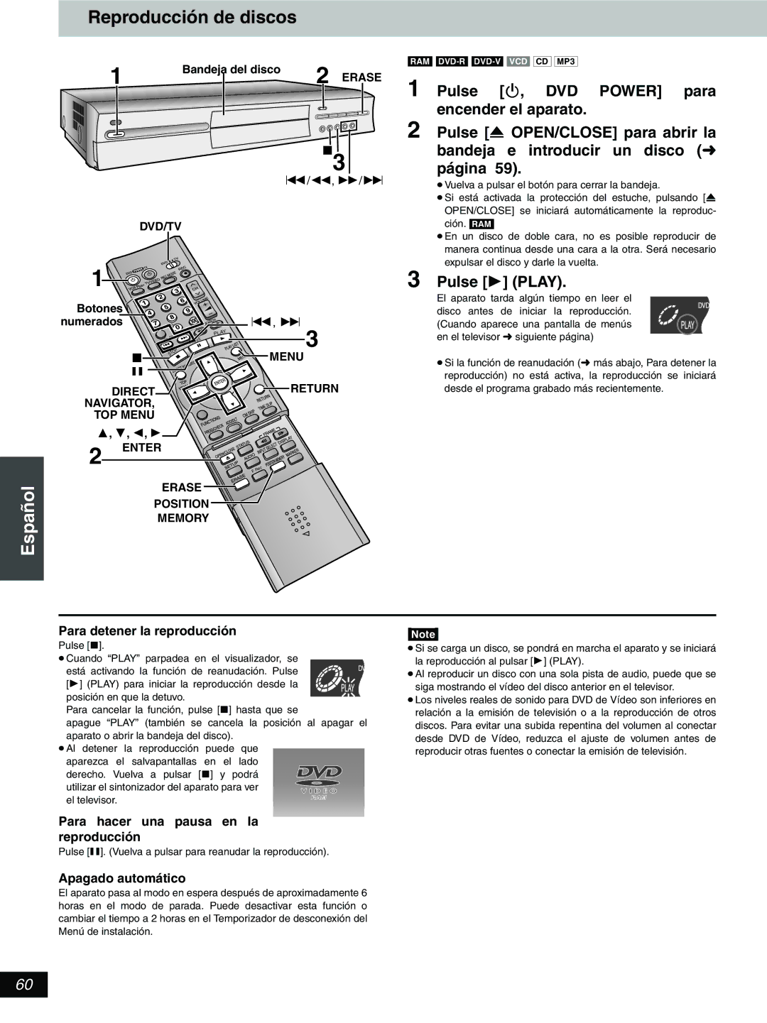 Hitachi DV-RX5000U manual Reproducción de discos, Para detener la reproducción, Para hacer una pausa en la reproducción 