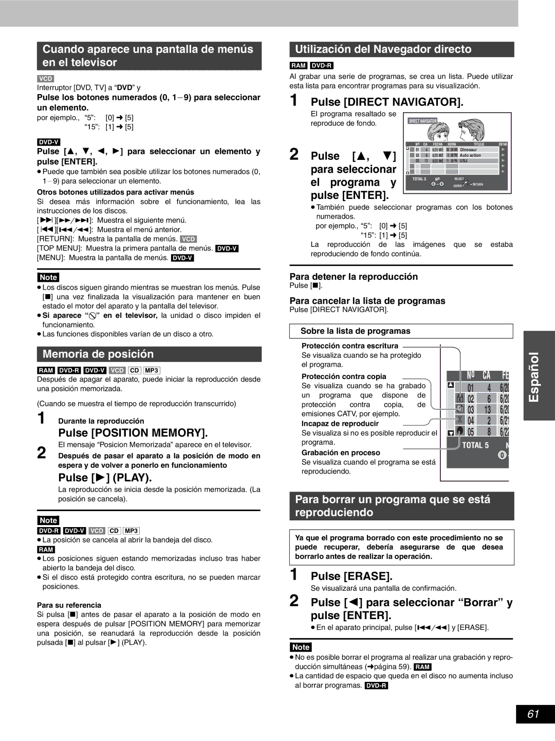 Hitachi DV-RX5000U manual Cuando aparece una pantalla de menús en el televisor, Utilización del Navegador directo 