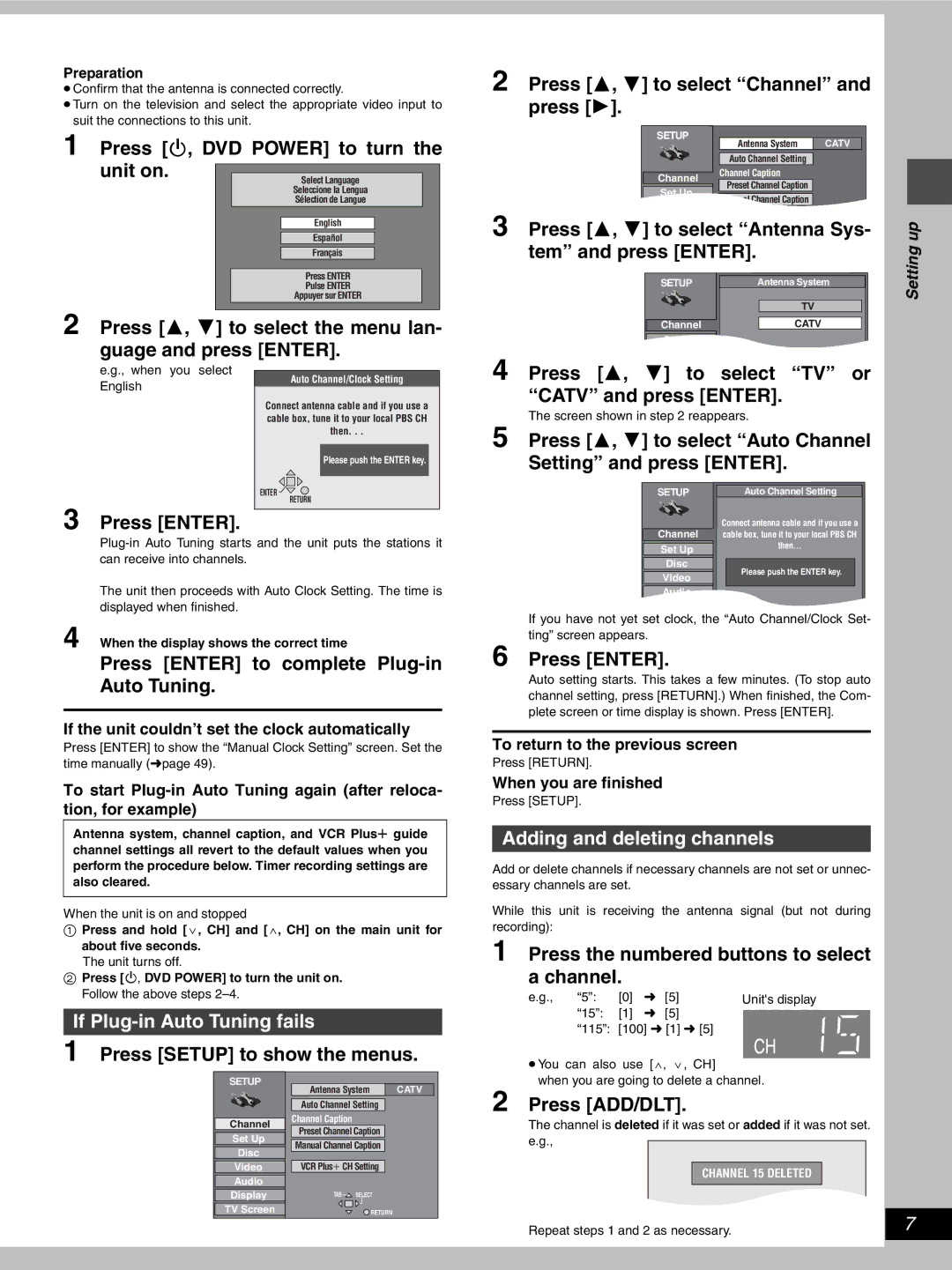 Hitachi DV-RX5000U manual If Plug-in Auto Tuning fails, Adding and deleting channels 