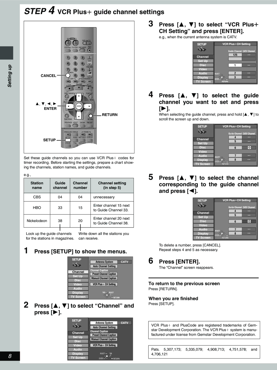 Hitachi DV-RX5000U manual Press 3, 4 to select VCR Plusr, CH Setting and press Enter, Press 3, 4 to Select Guide 