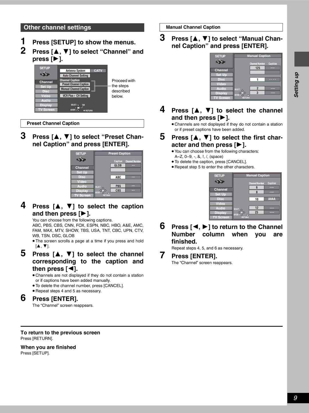 Hitachi DV-RX5000U manual Other channel settings, Press 3, 4 to select the caption and then press 