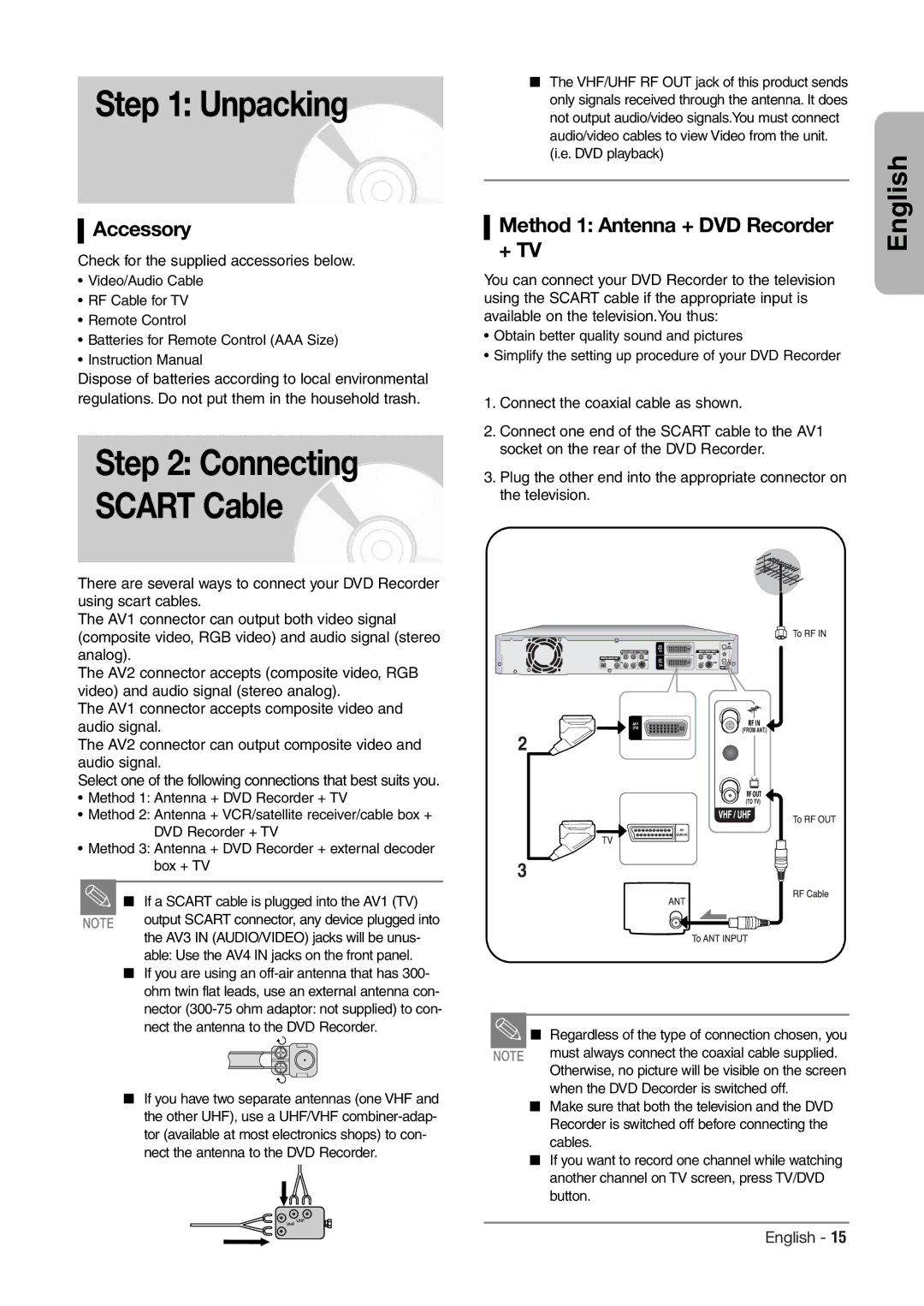 Hitachi DV-RX7000E instruction manual Unpacking, Connecting Scart Cable, Accessory, Method 1 Antenna + DVD Recorder, + Tv 