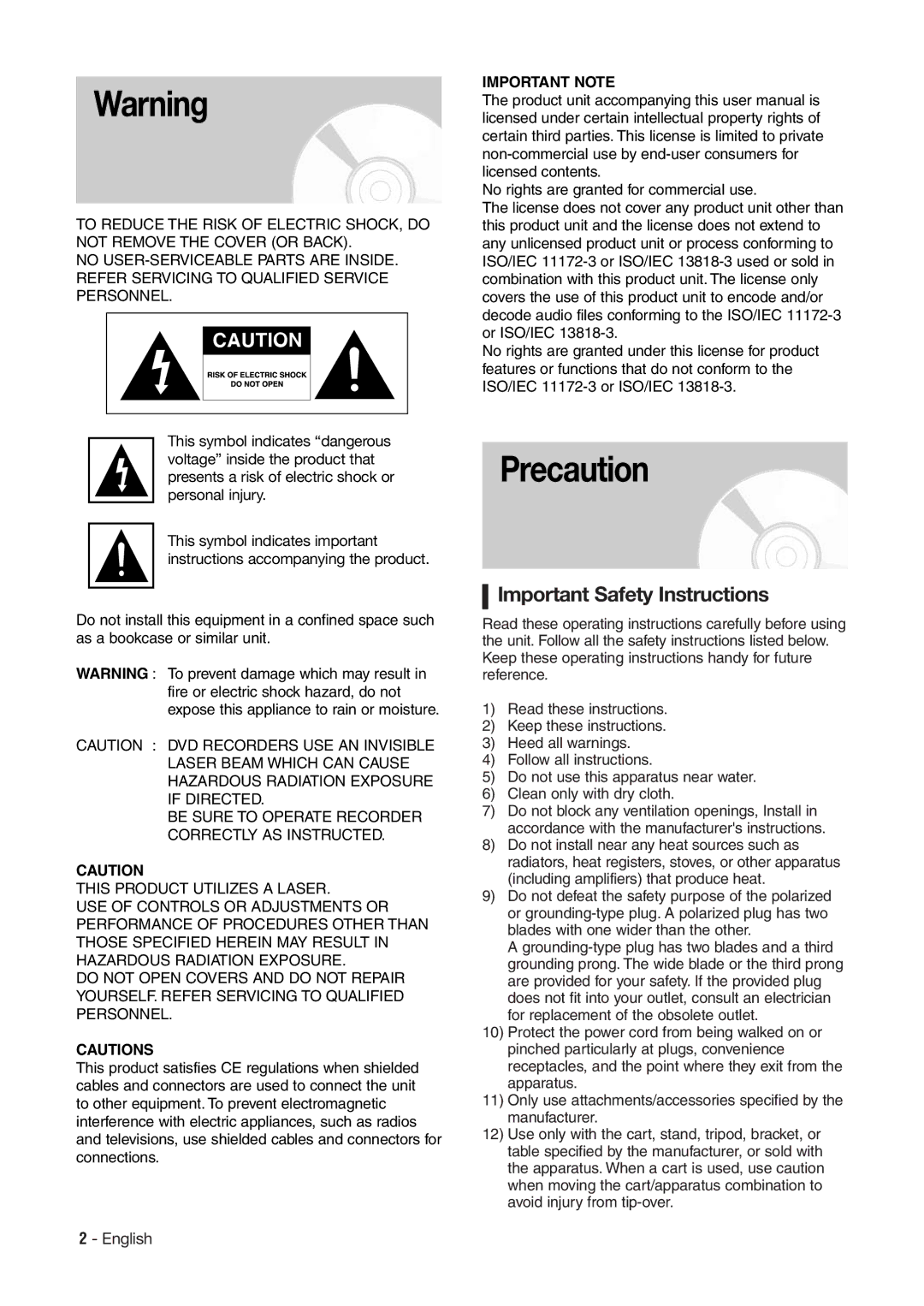 Hitachi DV-RX7000E instruction manual Precaution, Important Safety Instructions 