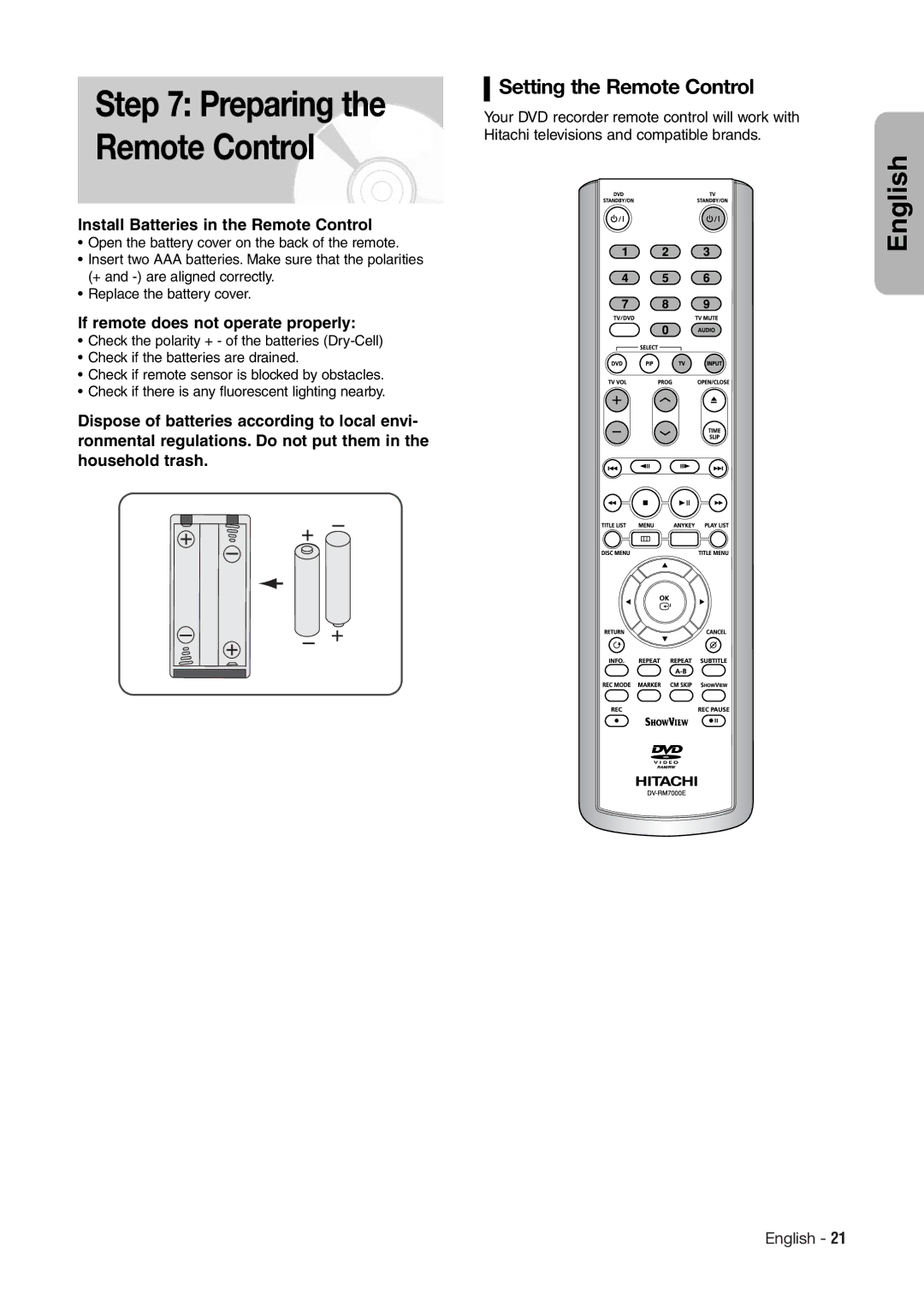 Hitachi DV-RX7000E instruction manual Preparing the Remote Control, Setting the Remote Control 