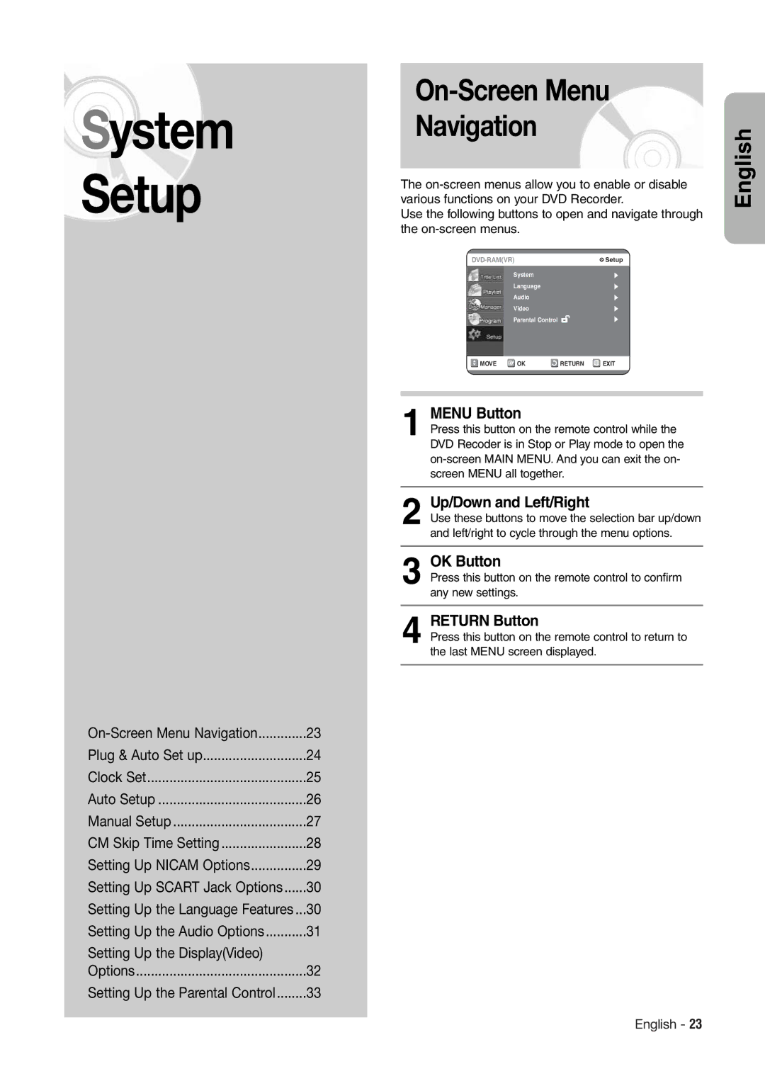 Hitachi DV-RX7000E On-Screen Menu Navigation, Menu Button, Up/Down and Left/Right, OK Button, Return Button 