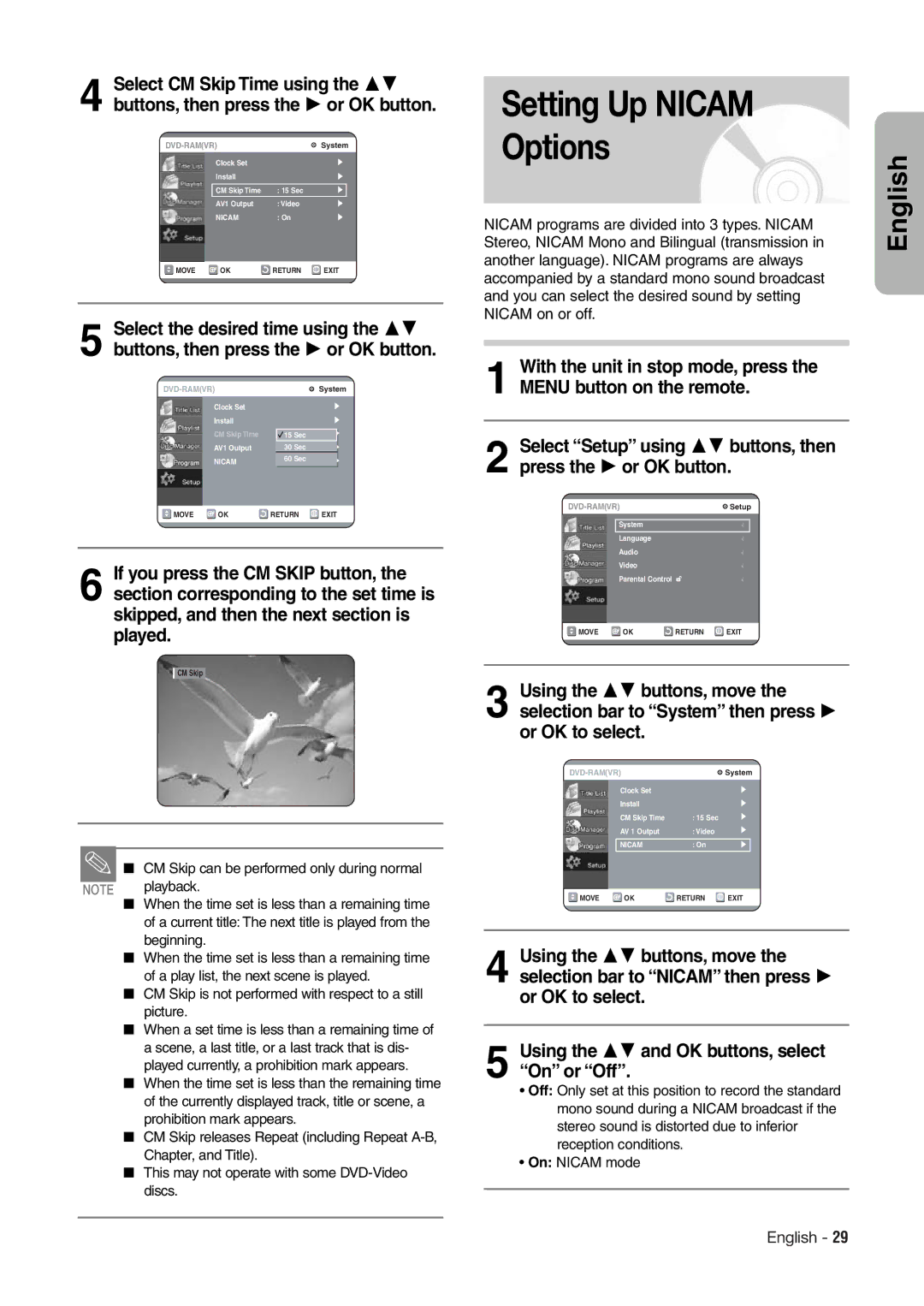 Hitachi DV-RX7000E Setting Up Nicam Options, Select Setup using 34 buttons, then press the 1 or OK button 