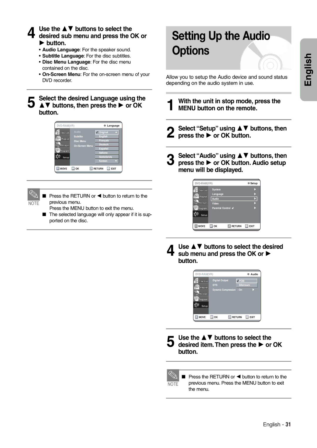 Hitachi DV-RX7000E Setting Up the Audio Options, Button, Disc Menu Language For the disc menu contained on the disc 