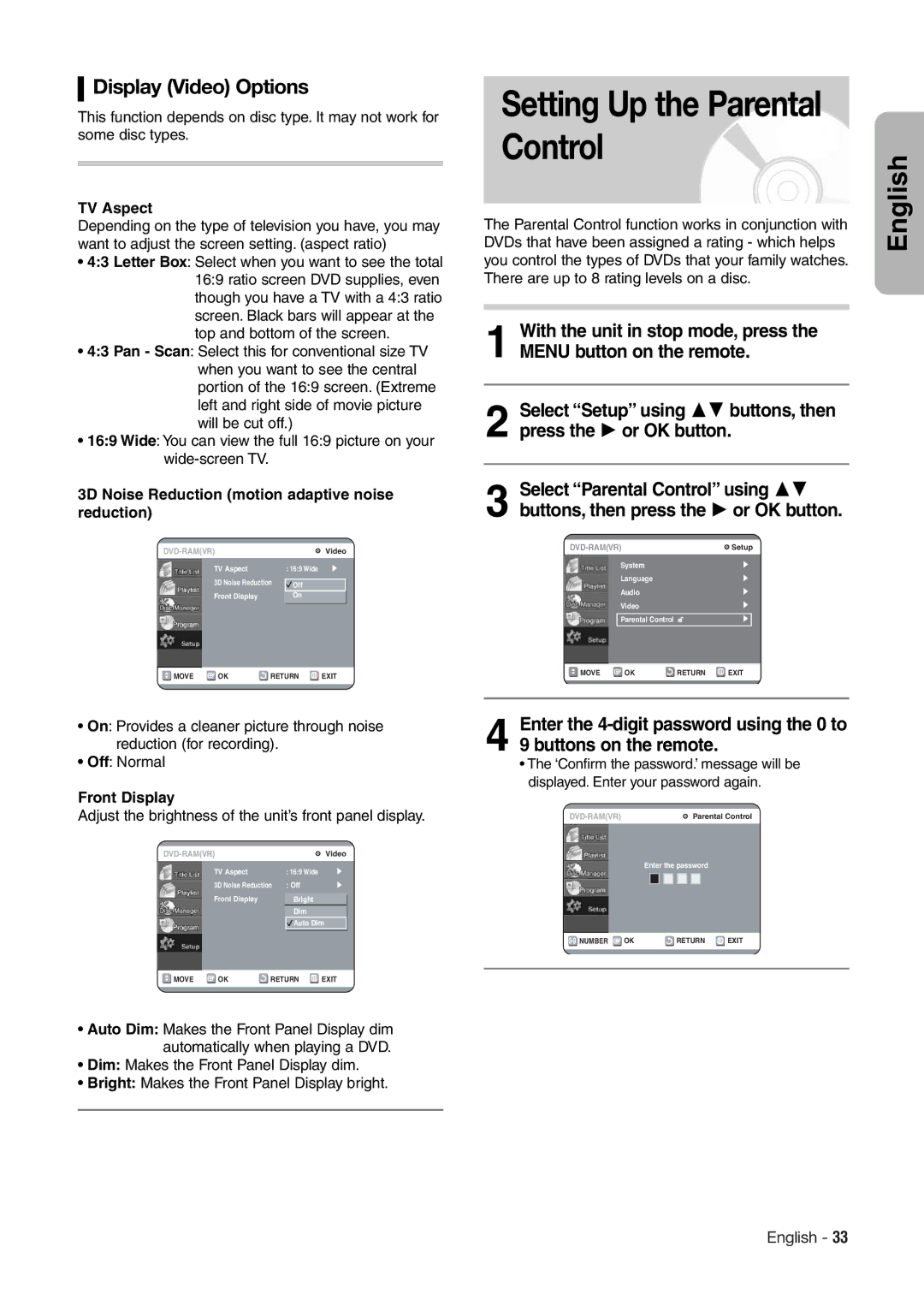 Hitachi DV-RX7000E instruction manual Setting Up the Parental Control, Display Video Options, TV Aspect, Front Display 