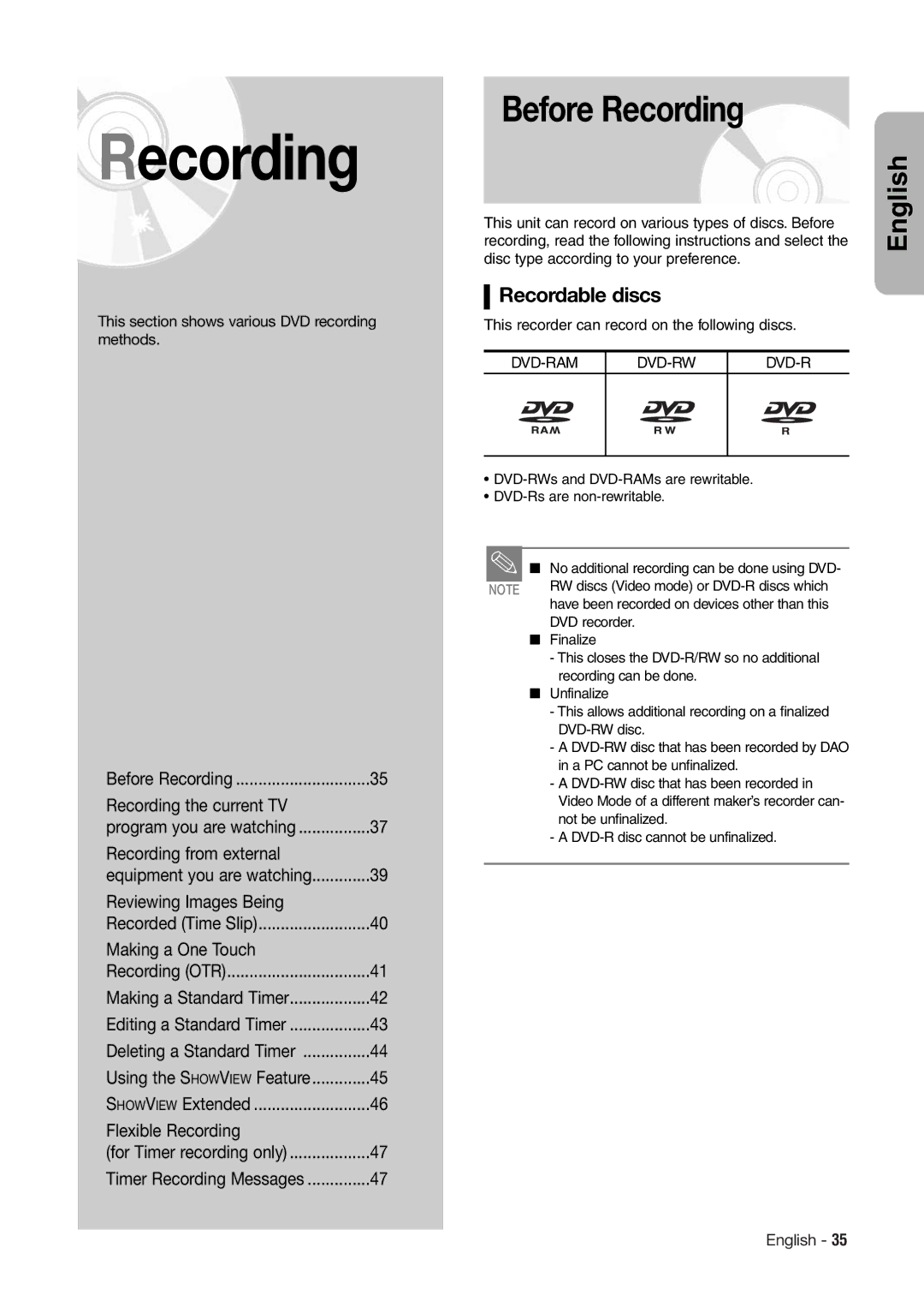 Hitachi DV-RX7000E instruction manual Before Recording, Recordable discs, This recorder can record on the following discs 