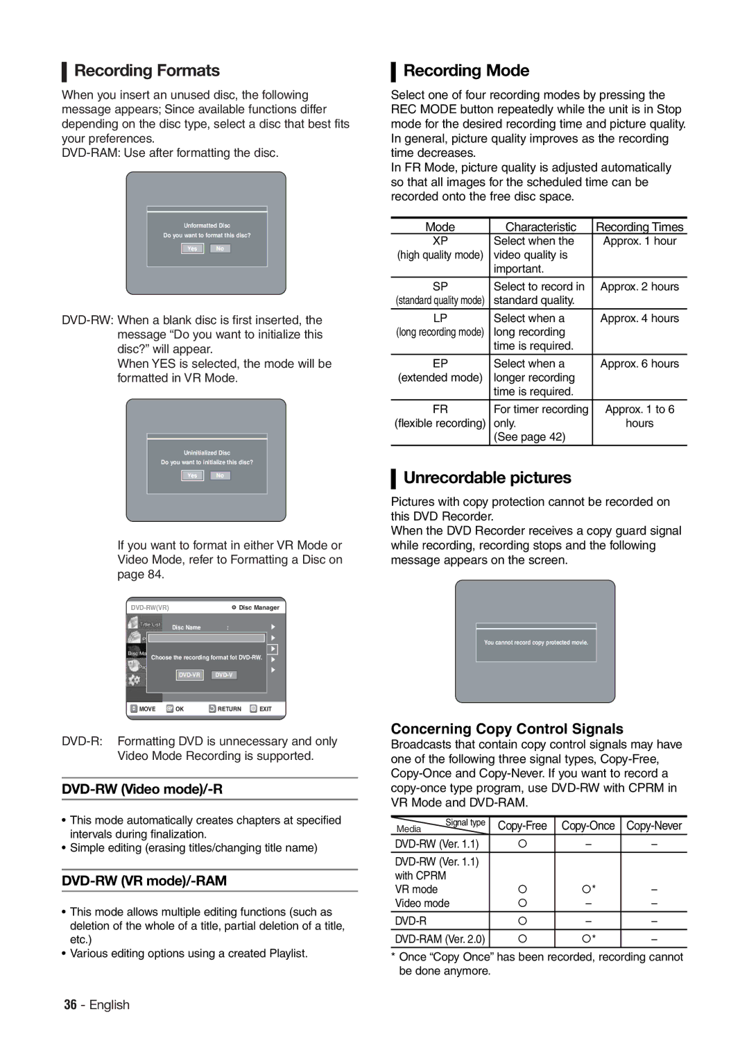 Hitachi DV-RX7000E Recording Formats, Recording Mode, Unrecordable pictures, Concerning Copy Control Signals 