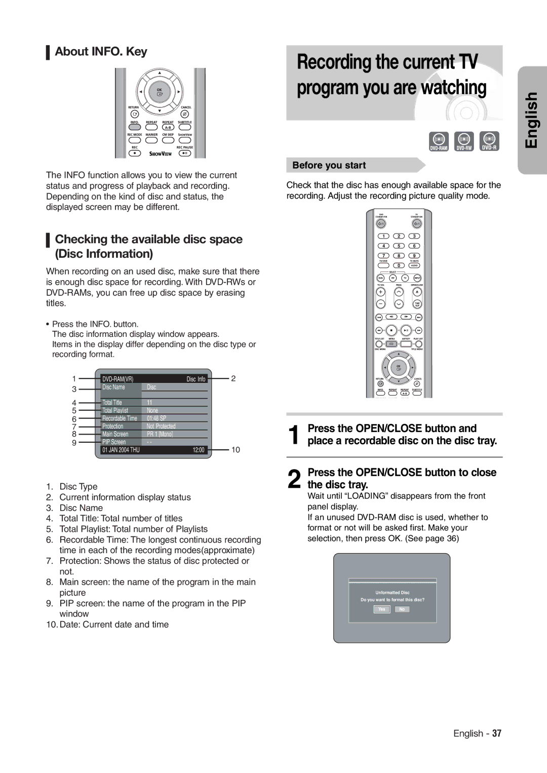 Hitachi DV-RX7000E instruction manual About INFO. Key, Checking the available disc space Disc Information 