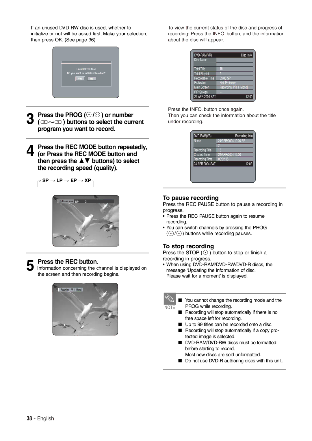 Hitachi DV-RX7000E Press the Prog / or number, Program you want to record, Press the REC button, To pause recording 