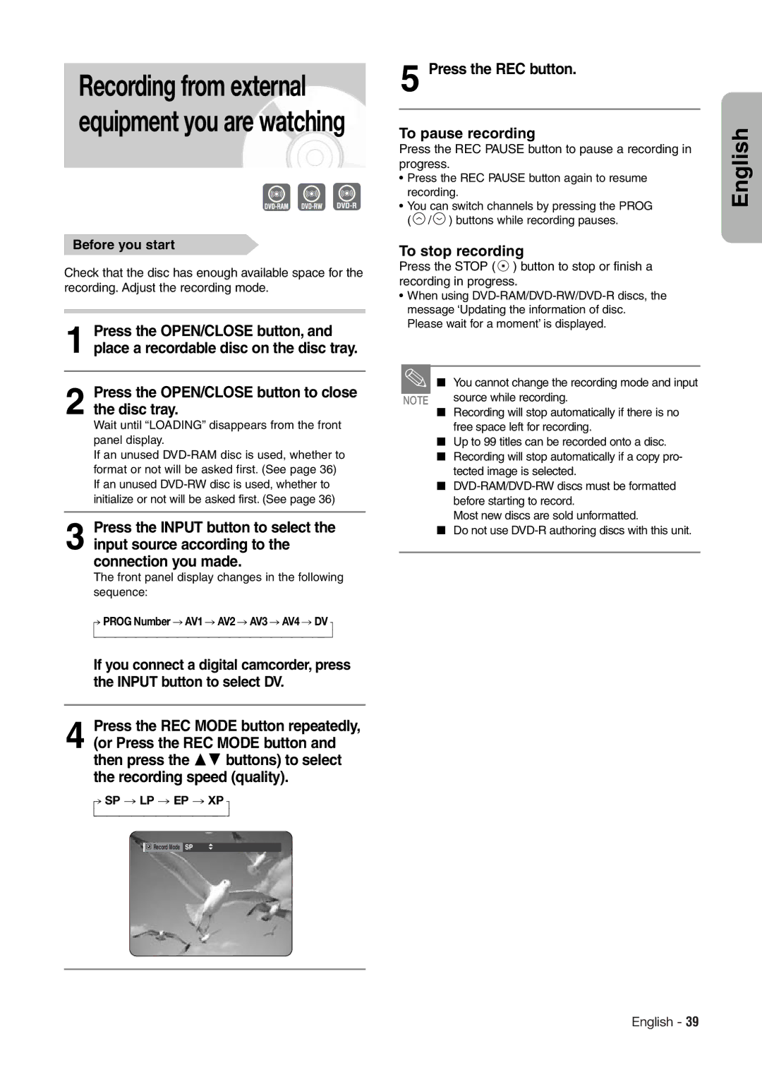 Hitachi DV-RX7000E instruction manual Front panel display changes in the following sequence, Source while recording 