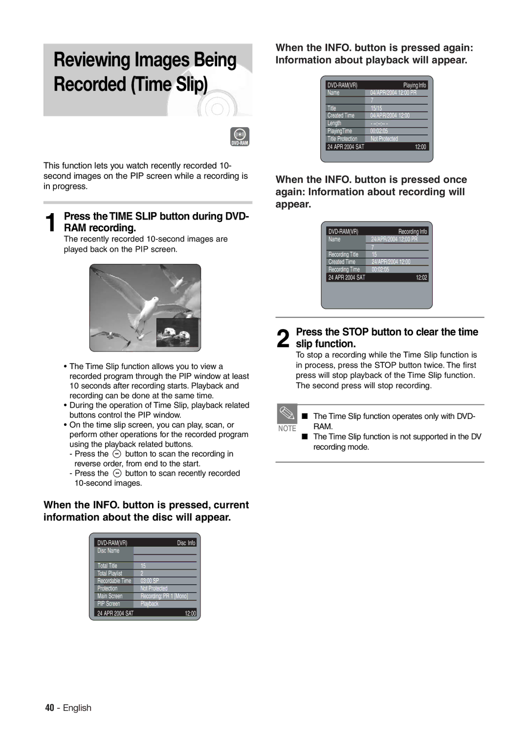 Hitachi DV-RX7000E instruction manual Press the Time Slip button during DVD- RAM recording 