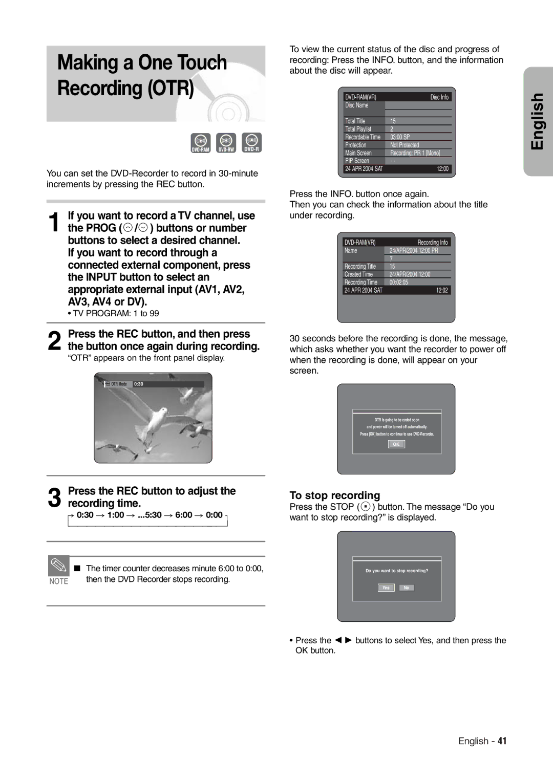 Hitachi DV-RX7000E instruction manual Press the REC button to adjust the recording time, TV Program 1 to 