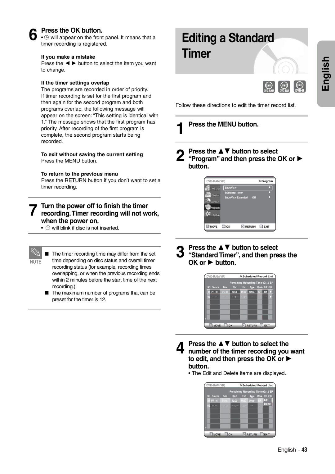 Hitachi DV-RX7000E instruction manual Editing a Standard Timer, Press the OK button 