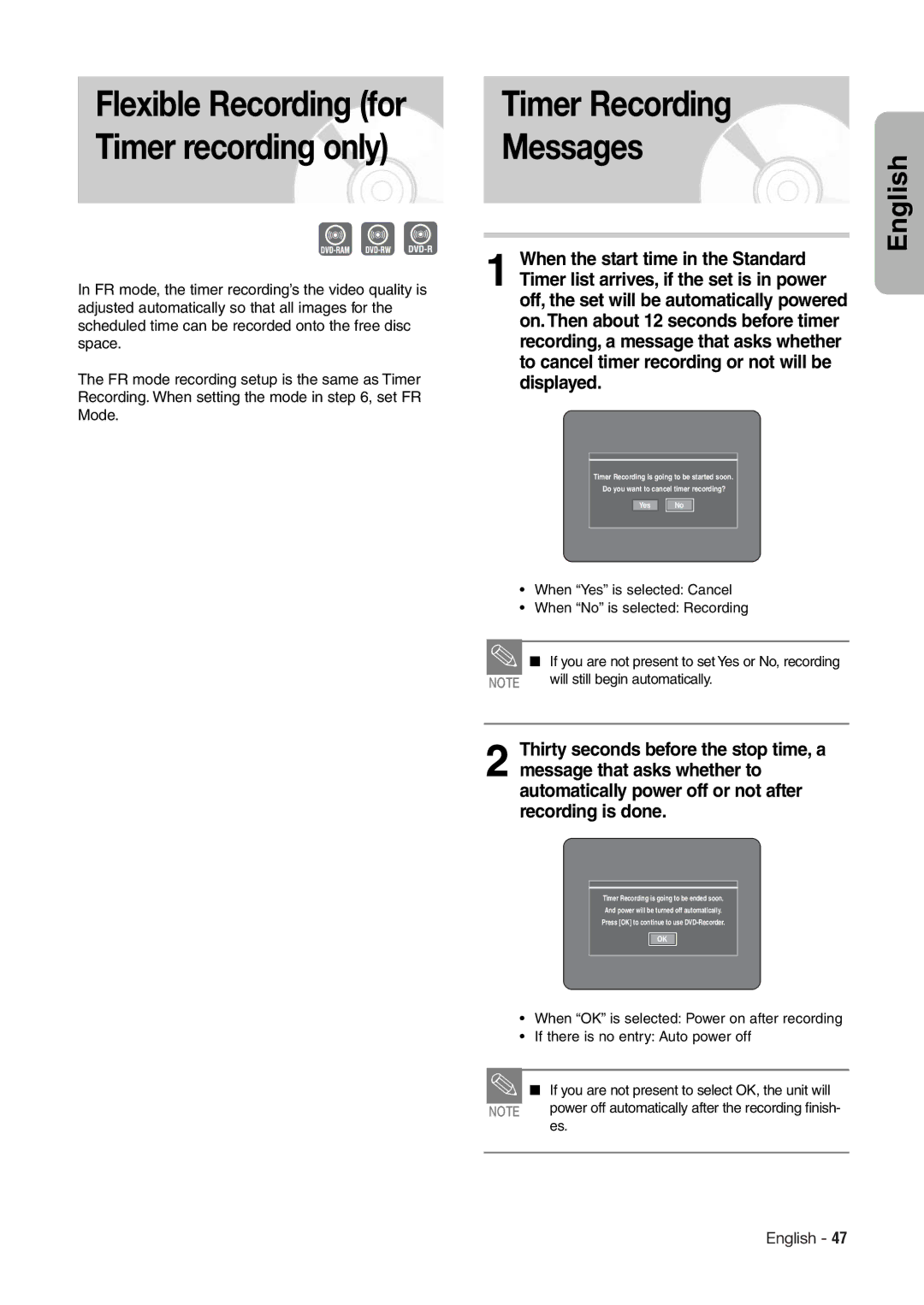 Hitachi DV-RX7000E instruction manual Timer Recording Messages, Displayed, When the start time in the Standard 