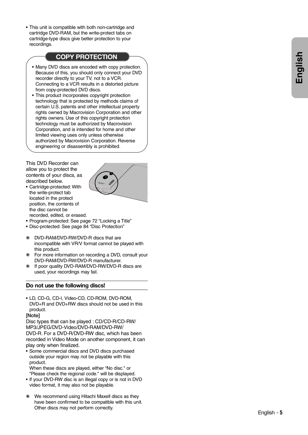 Hitachi DV-RX7000E instruction manual Copy Protection 