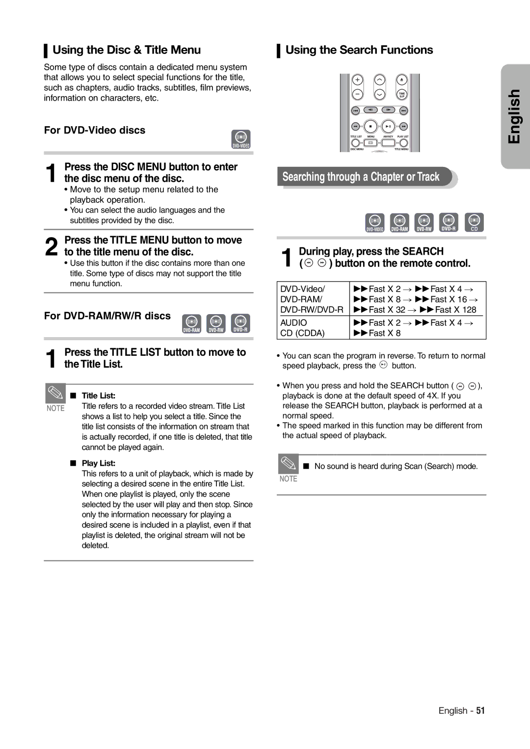 Hitachi DV-RX7000E Searching through a Chapter or Track, Using the Disc & Title Menu, Using the Search Functions 