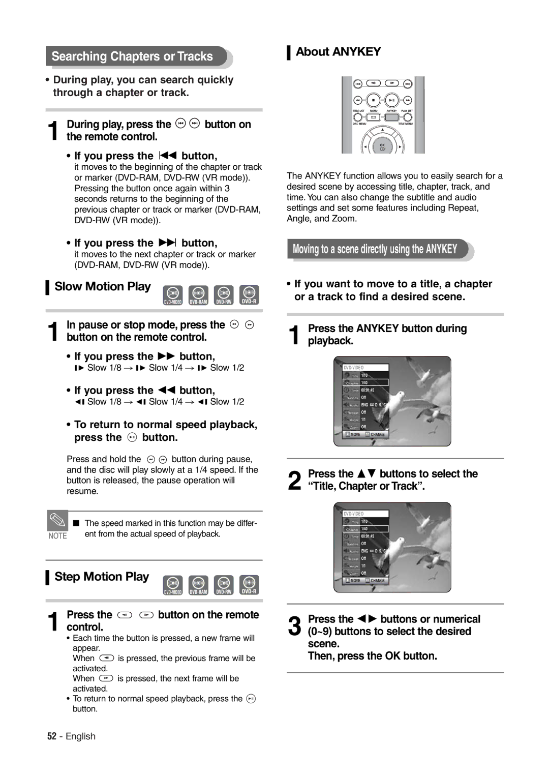 Hitachi DV-RX7000E instruction manual Searching Chapters or Tracks, Slow Motion Play, Step Motion Play, About Anykey 