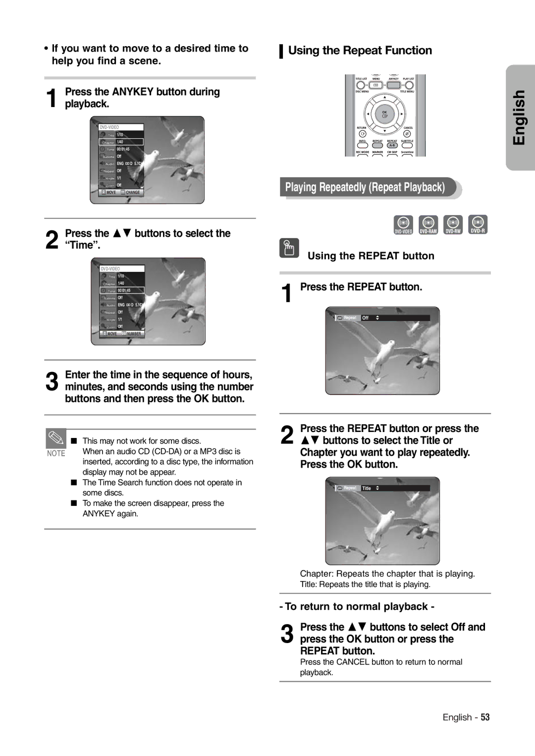 Hitachi DV-RX7000E Playing Repeatedly Repeat Playback, Using the Repeat Function, Press the 34 buttons to select the Time 