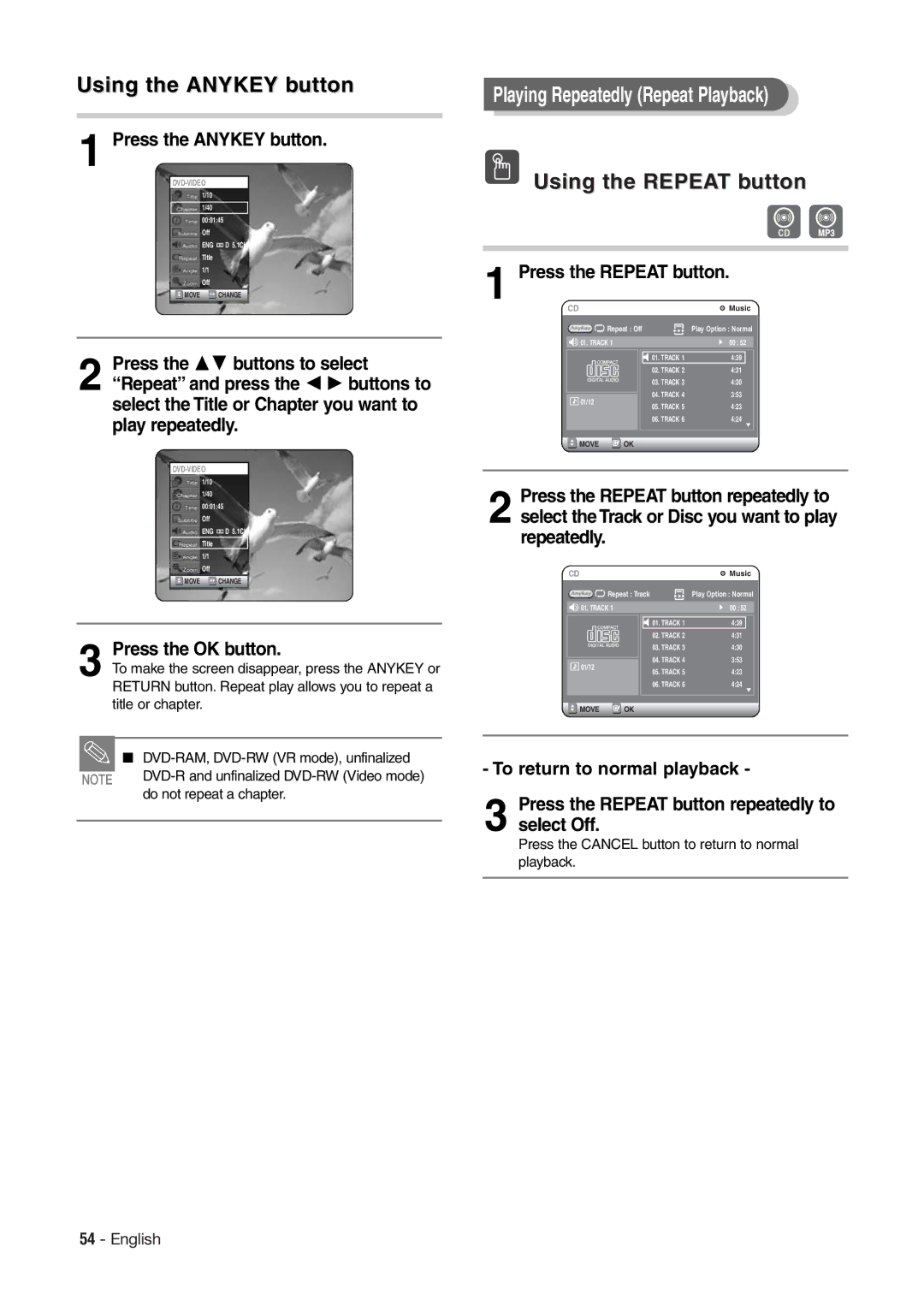 Hitachi DV-RX7000E instruction manual Press the Anykey button, Press the Repeat button repeatedly to select Off 