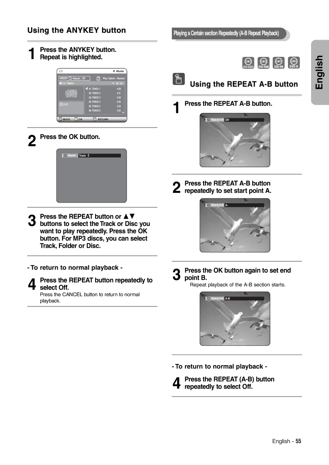 Hitachi DV-RX7000E instruction manual Press the Repeat A-B button, Press the OK button again to set end point B 