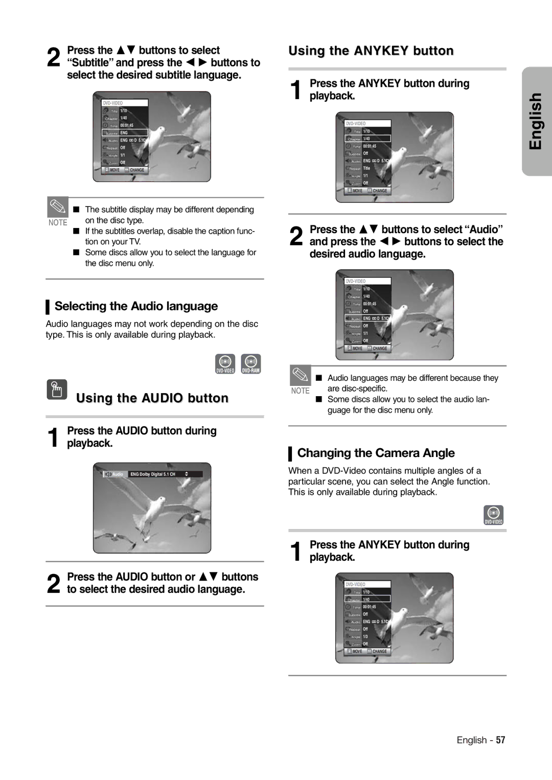 Hitachi DV-RX7000E Selecting the Audio language, Changing the Camera Angle, Press the Audio button during playback 