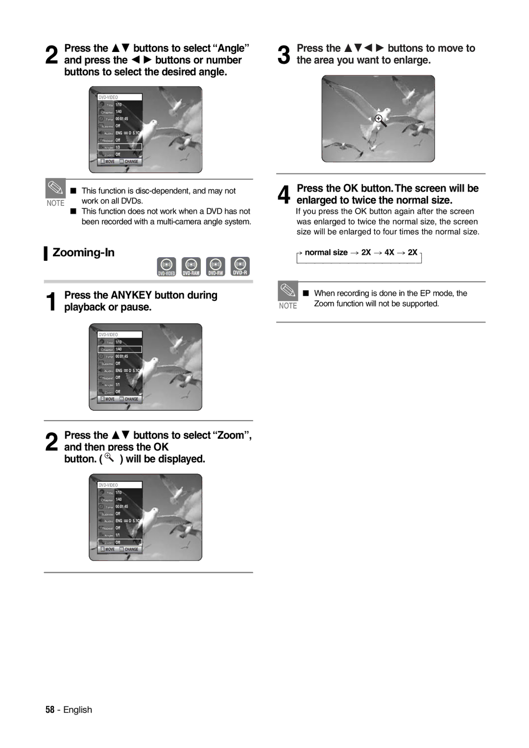 Hitachi DV-RX7000E Zooming-In, Press the Anykey button during playback or pause, Normal size 2X 4X 2X B a==============--b 