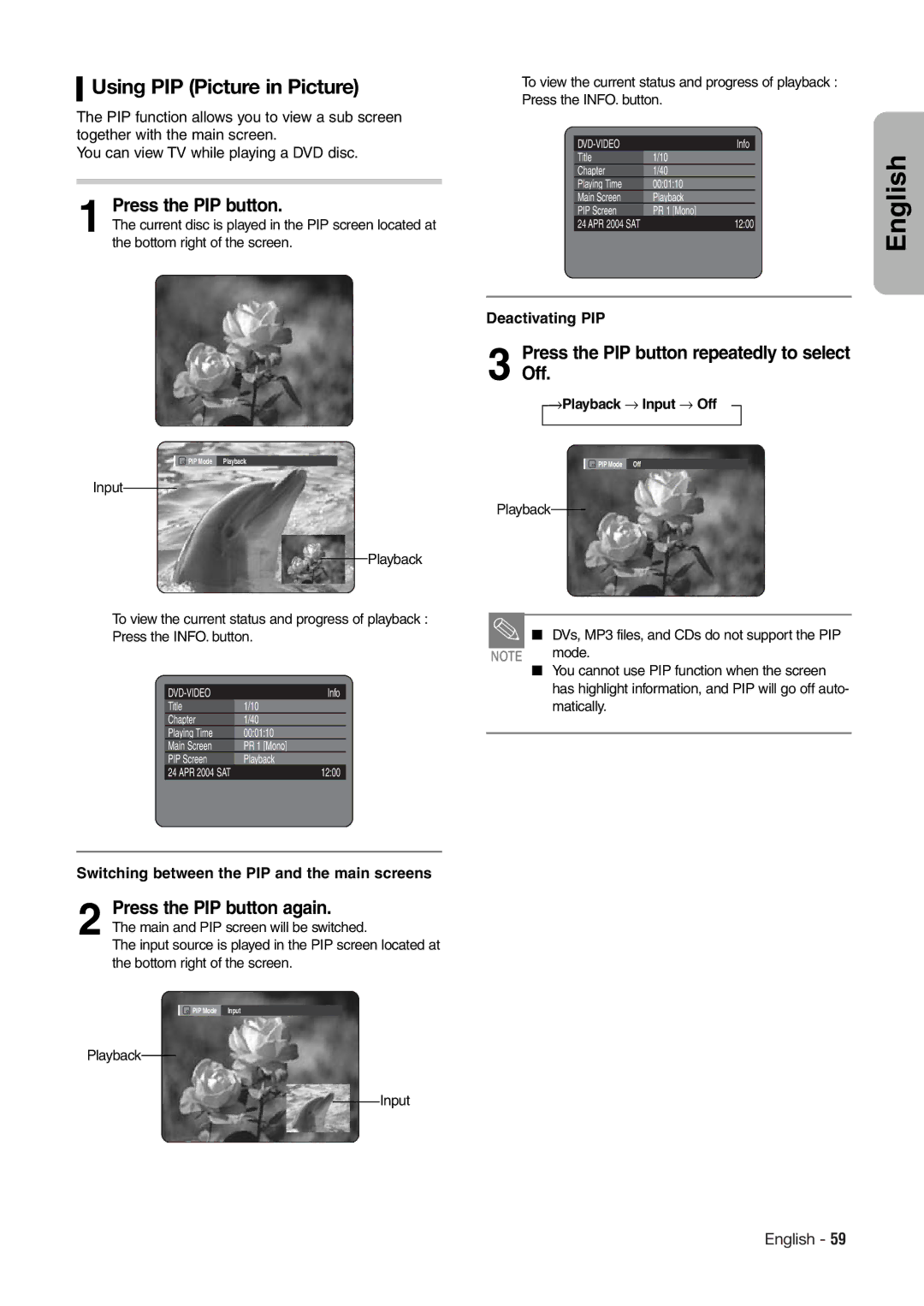 Hitachi DV-RX7000E instruction manual Using PIP Picture in Picture, Press the PIP button again 